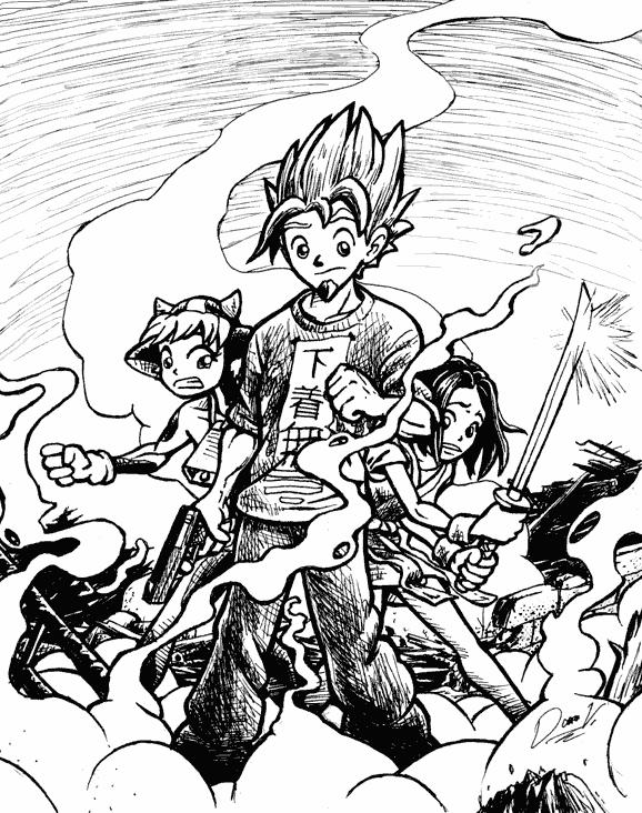 Aftermath; Vaca Borden and Yoshimi Yamazaki stand behind Steve Makar in the middle of some awful destruction.