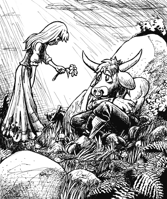 Legend of the Minotaur; Darius is sad.  Adia hands him a flower to cheer him up.