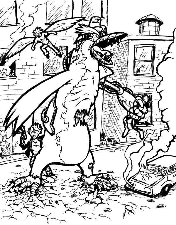 Penguor the Unspeakable; a giant monster is battled by a lot of CSG characters.