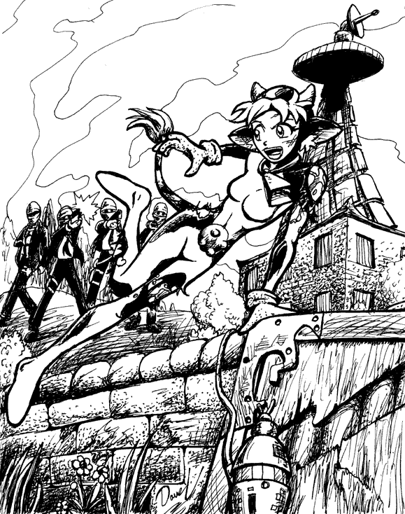 Vaca Escapes; Vaca Borden flees from some masked men in suits who are shooting at her.