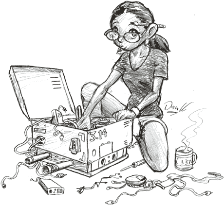 Ming-Li Anderson at some kind of big electronic device, wearing her glasses.